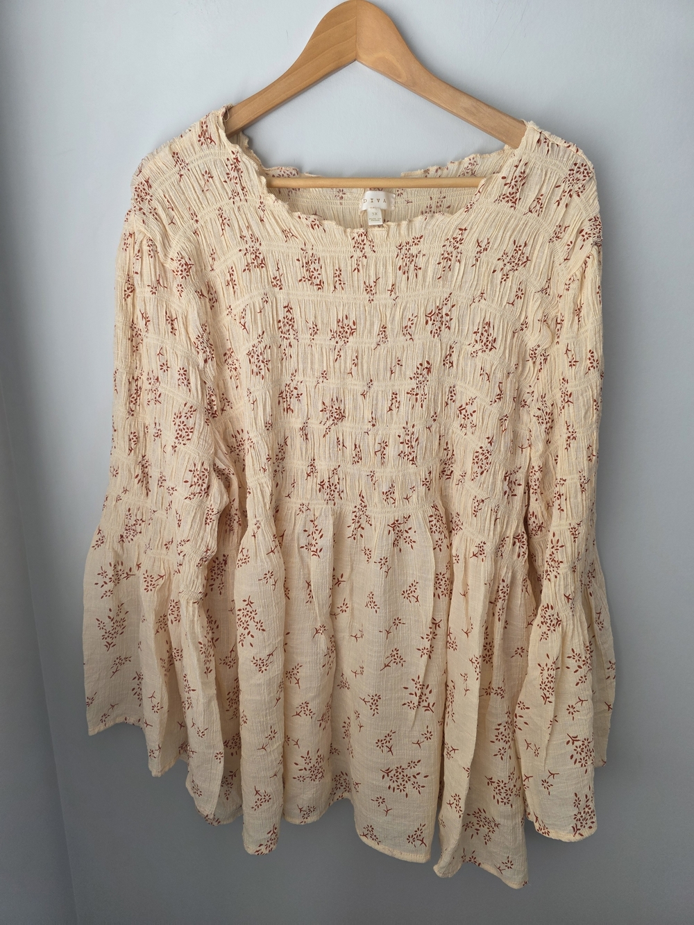 ADIVA Cream Floral Smocked Peasant Blouse Women's 3X Boho Long Sleeve Babydoll